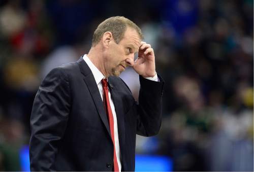 Scott Sommerdorf   |  The Salt Lake Tribune  
Utah Utes head coach Larry Krystkowiak walked off the court after the Utes woke up in the second half and pulled away from Fresno State. Utah beat Fresno State 80-69 in Denver, Thursday, March 17, 2016.