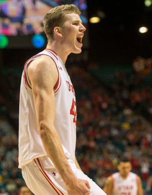 Rick Egan  |  The Salt Lake Tribune

Utah forward Jakob Poeltl (42) reacts as the Utes tie the Golden Bears, 65-65 with 49 seconds left, in PAC-12 Basketball Championship semi-finals, Utah Utes vs.The California Golden Bears, at the MGM Arena, in Las Vegas, Friday, March 11, 2016.