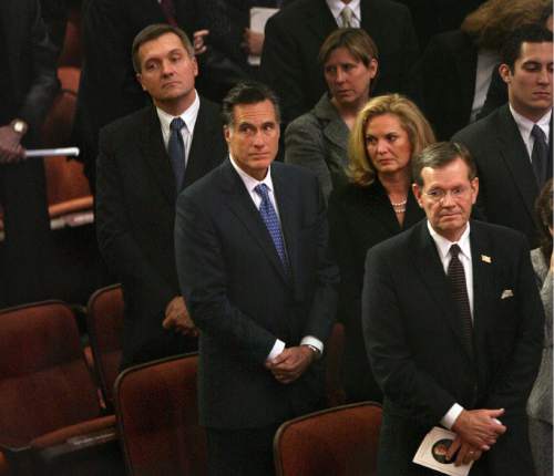 Scott Sommerdorf  |  Tribune file photo
U.S. Representative Jim Matheson (upper left), Presidential candidate Mitt Romney and his wife Ann, and former Utah Governor, and current Health and Human Services Director Michael Leavitt stand at the funeral of LDS President Gordon B. Hinckley Saturday Feb. 2, 2008.