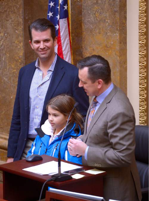 Leah Hogsten  |  The Salt Lake Tribune
Donald Trump Jr. and his daughter were recognized by the Utah House Speaker Greg Hughes, February 11, 2016 at the close of the morning session at the Utah Capitol. Trump, Jr., who is a bowhunter and outdoorsman, is in Utah as a keynote speaker at the Western Hunting and Conservation Expo, February 11-14 at the Salt Palace Convention Center.