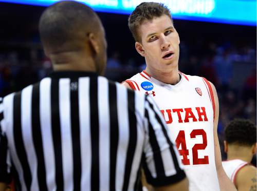 Scott Sommerdorf   |  The Salt Lake Tribune  
"Seriously?" ... Utah F Jakob Poeltl (42) looks at an official after he was called for a foul early in the game. Gonzaga held a 44-29 lead over Utah at the half, Saturday, March 19, 2016.
