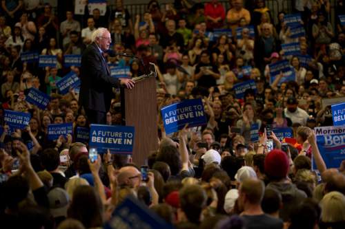 Jeremy Harmon  |  The Salt Lake Tribune

Bernie Sanders speaks to an enthusiastic crowd at West High in Salt Lake City on Monday, March 21, 2016. The Democratic presidential candidate spoke in Utah on the eve of the 2016 caucus.