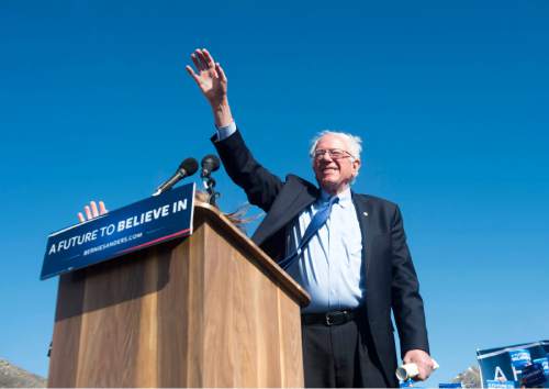 Rick Egan  |  The Salt Lake Tribune

Bernie Sanders takes the stage at  "This is The Place State Park"  in Salt Lake City, Friday, March 18, 2016.
