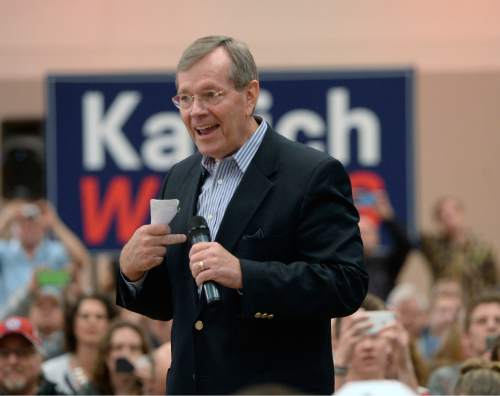 Al Hartmann  |  The Salt Lake Tribune
Former Utah Governor Mike Leavitt introduces Republican candidate for President, Ohio Governor John Kasich at town hall meeting at Utah Valley University in Orem, Friday March 18.