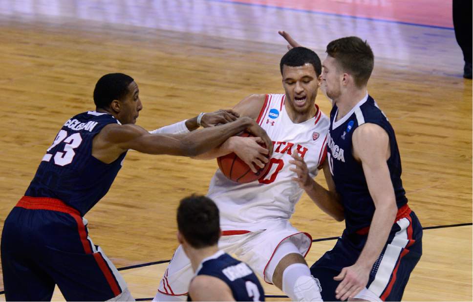 Scott Sommerdorf   |  The Salt Lake Tribune  
Utah F Brekkott Chapman (0) tries to penetrate the Gonzaga defense during first half play. Gonzaga held a 44-29 lead over Utah at the half, Saturday, March 19, 2016.