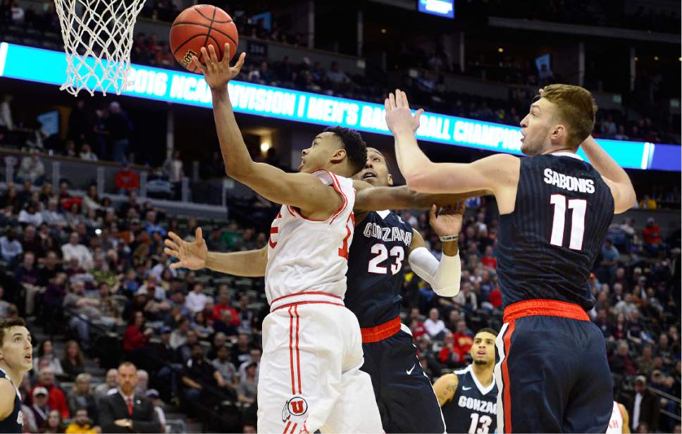 Scott Sommerdorf   |  The Salt Lake Tribune  
Utah G Lorenzo Bonam (15) got through the Gonzaga defense during second half play. Gonzaga beat Utah 82-59 in Denver, Saturday, March 19, 2016.