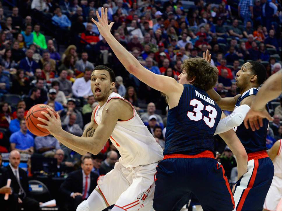 Scott Sommerdorf   |  The Salt Lake Tribune  
Utah F Brekkott Chapman (0) works under the hoops during second half play. Gonzaga beat Utah 82-59 in Denver, Saturday, March 19, 2016.