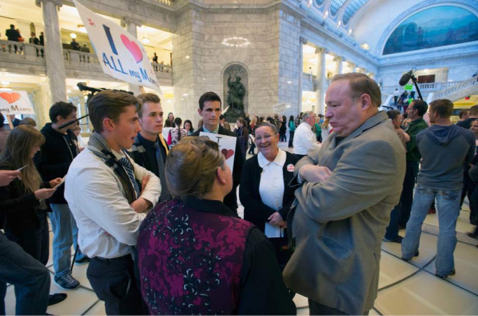 Steve Griffin  |  The Salt Lake Tribune


Priscilla Hammon and her sister Marlyne Hammon, of the Centennial Park Action Committee in Centennial Park, AZ,  talk with Sen. Jim Dabakis, D-Salt Lake City following a protest rally against H.B. 281 that if passed make polygamy a felony in Utah again. Members of  plural marriage community are not happy and rallied against the bill in the Capitol rotunda during the 2016 legislative session in Salt Lake City, Monday, March 7, 2016.