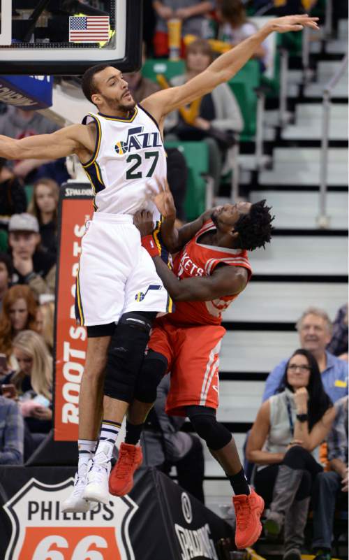 Steve Griffin  |  The Salt Lake Tribune


Utah Jazz center Rudy Gobert (27) blocks the shot of Houston Rockets guard Patrick Beverley (2) during the Utah Jazz versus Houston Rockets game at Vivint Smart Home Arena in Salt Lake City, Tuesday, February 23, 2016. Gobert was called for a foul on the play.