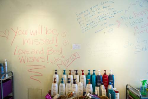 Chris Detrick  |  The Salt Lake Tribune
Hand-written notes from customers on the wall at 9th Avenue Salon Wednesday March 23, 2016.  The 9th Avenue Salon is closing this week after having been open for more than 40 years. Actor Brenda Sue Cowley took over the salon seven years ago after the passing of its well-known owner, Michael Adamson.