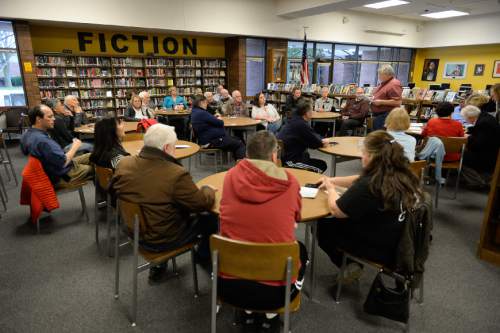 Francisco Kjolseth | The Salt Lake Tribune
Republicans gather inside the Library and Media Center at at Cottonwood High School for the GOP caucus on Tuesday night, March 22, 2016.
