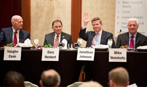Lennie Mahler  |  The Salt Lake Tribune

Utah gubernatorial candidates Vaugh Cook, Gary Herbert, Jonathan Johnson and Mike Weinholtz are introduced before they speak on top issues at a Utah Foundation luncheon Thursday, March 24, 2016, at the Marriott hotel in downtown Salt Lake City.