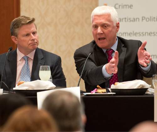 Lennie Mahler  |  The Salt Lake Tribune

Democratic gubernatorial candidate Mike Weinholtz answers questions from the audience at a Utah Foundation luncheon Thursday, March 24, 2016, at the Marriott hotel in downtown Salt Lake City.