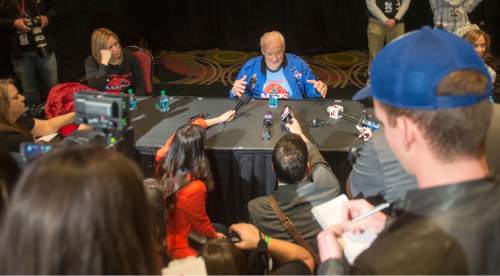 Rick Egan  |  The Salt Lake Tribune

Celebrity guest Buzz Aldrin, answers questions from the media, on the opening day of the FanX convention in the grand ballroom of the Salt Palace. Thursday, March 24, 2016.
