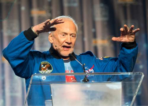 Rick Egan  |  The Salt Lake Tribune

Buzz Aldrin, speaks in the Grand Ballroom on opening day of Salt Lake Comic Con FanX Experience, at the Salt Palace. Thursday, March 24, 2016.