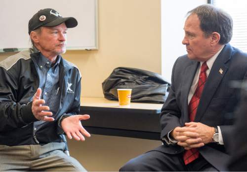 Rick Egan  |  Tribune file photo

Ritchard Menke chattted with Gov. Gary Herbert, at the Fourth Street Clinic last month. He held a press conference Friday to announce new legislation that will provide funding and health-care help to homeless people.