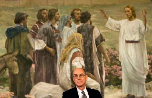 Henry B. Eyring, first counselor in the LDS Church's First Presidency, speaks at a news conference in 2008 in front of a Harry Anderson painting of Christ commissioning his apostles to preach the gospel to the world. Steve Griffin/The Salt Lake Tribune 2/4/08