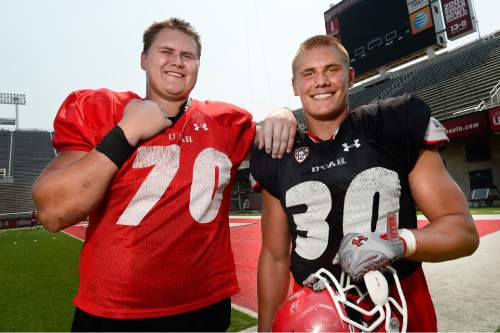 Scott Sommerdorf   |  The Salt Lake Tribune
Utah OL Jackson Barton, left, and his brother, Utah LB Cody Barton pose after practice, Thursday, August 20, 2015. Both played at Brighton High.