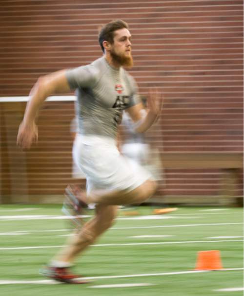 Rick Egan  |  The Salt Lake Tribune

Andrew Fletcher (45) runs drills for the NFL scouts during the University of of Utah's annual Pro Day, at the University of Utah, Thursday, March 24, 2016.