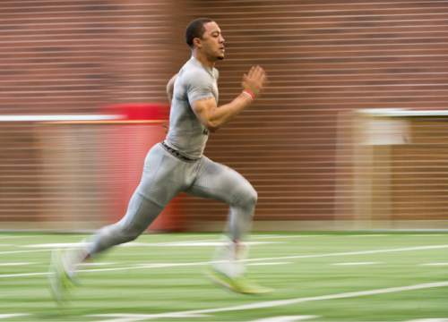 Rick Egan  |  The Salt Lake Tribune

Kendal Thompson (1), runs drills for the NFL scouts during the Uof U's annual Pro Day, at the University of Utah, Thursday, March 24, 2016.