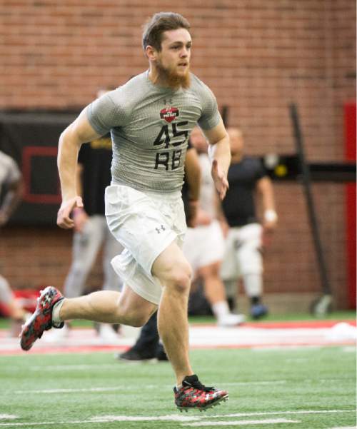 Rick Egan  |  The Salt Lake Tribune

Andrew Fletcher (45), runs drills for the NFL scouts during the Uof U's annual Pro Day, at the University of Utah, Thursday, March 24, 2016.