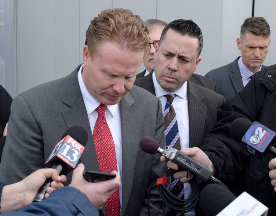 Al Hartmann  |  The Salt Lake Tribune 
Jeremy Johnson comments to media as he leaves Federal Court in Salt Lake City March 25 Friday after being found guilty of making false statements to a bank.