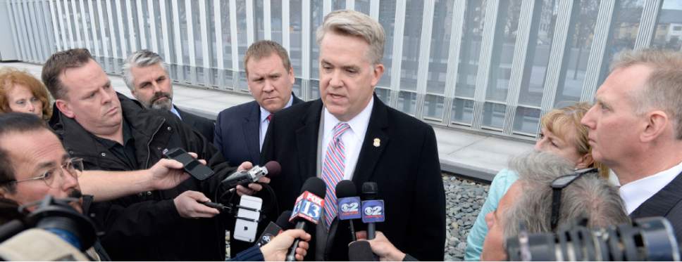 Al Hartmann  |  The Salt Lake Tribune 
John Huber, U.S Attorney for Utah comments to media on the eight guilty counts from Jeremy Johnson's trial in Salt Lake City Friday March 25.   Johnson was found guilty for making false statements to a bank.