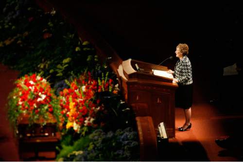 Virginia Pearce speaks at the funeral services of her father  LDS Church President Gordon B. Hinckley held on Saturday, February 2, 2008 at the LDS Conference Center in Salt Lake City
Paul Fraughton/The Salt Lake Tribune; 2/2/08