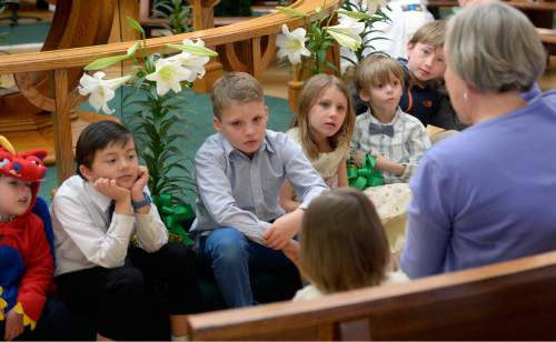 Al Hartmann  |  The Salt Lake Tribune 
Children of Mount Tabor Lutheran Church listen to a story during Easter service Sunday March 27 in Salt Lake City.