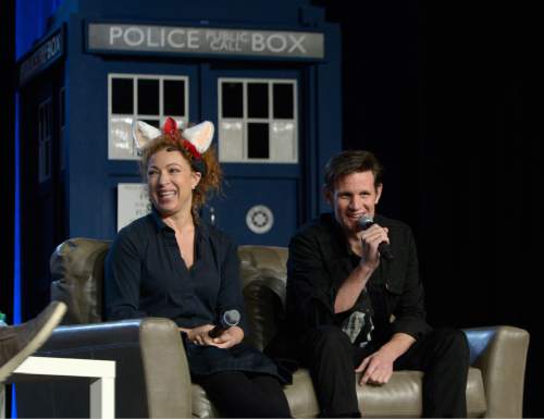 Leah Hogsten  |  The Salt Lake Tribune
l-r Alex Kingston and Matt Smith, actors from "Doctor Who,"  fielded fan questions and discussed the popular show among the Salt Lake Comic Con's FanX 2016 at the Salt Palace Convention Center, Friday, March 25, 2016.
