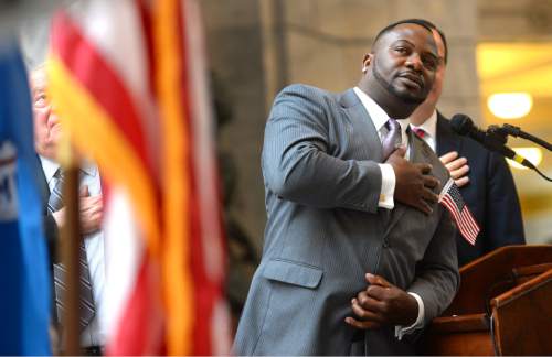 Steve Griffin  |  The Salt Lake Tribune


New US citizen, Emanuel Isiko, originally from Uganda, leads 142 people from 51 counties, in the Pledge of Allegiance after they were sworn in as new U.S. citizens during a naturalization ceremony at the State Capitol Rotunda in Salt Lake City, Monday, March 28, 2016.