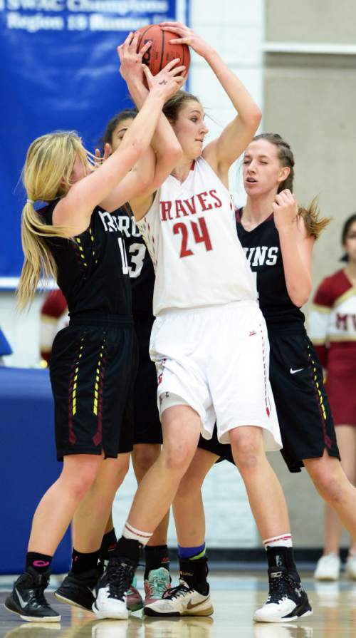Steve Griffin  |  The Salt Lake Tribune


Bountiful's Kennedy Redding (24) gets triple teamed as she tries to pass the ball during the Bountiful versus Mountain View girl's 4A quarter final game at Salt Lake Community College in Salt Lake City, Wednesday, February 24, 2016.