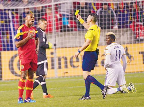 Leah Hogsten  |  The Salt Lake Tribune
Real Salt Lake defender Jamison Olave (4) receives a red card in the second half. Real Salt Lake and LA Galaxy end the game 0-0 during their game at Rio Tinto Stadium, May 6, 2015.