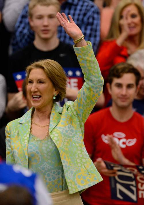 Trent Nelson  |  The Salt Lake Tribune
Carly Fiorina speaks at an appearance by Republican presidential candidate Ted Cruz at Provo High School in Provo, Saturday March 19, 2016. Also appearing were Senator Mike Lee and Glenn Beck.