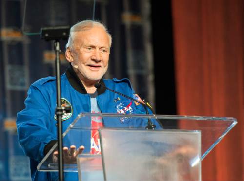 Rick Egan  |  The Salt Lake Tribune

Buzz Aldrin, speaks in the Grand Ballroom on opening day of Salt Lake Comic Con FanX Experience, at the Salt Palace. Thursday, March 24, 2016.