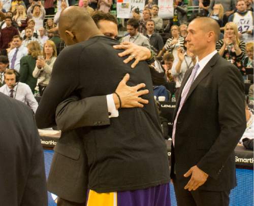 Rick Egan  |  The Salt Lake Tribune

Los Angeles Lakers forward Kobe Bryant (24) hugs Utah Jazz head coach Quin Snyder after the buzzer, as the Utah Jazz played The Los Angeles Lakers, in Salt Lake City, Monday, March 28, 2016.