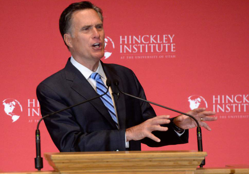 Al Hartmann  |  The Salt Lake Tribune
Former presidential candidate Mitt Romney makes a speech about the state of the 2016 presidential race and Donald Trump at the Hinckley Insitute of Politics at the University of Utah Thursday March 3, 2016.
