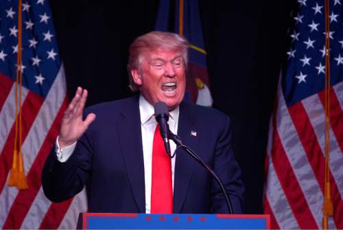 Leah Hogsten  |  The Salt Lake Tribune
Republican presidential candidate Donald Trump speaks during a campaign rally at Infinity Event Center, Friday, March 18, 2016 in Salt Lake City, Utah.