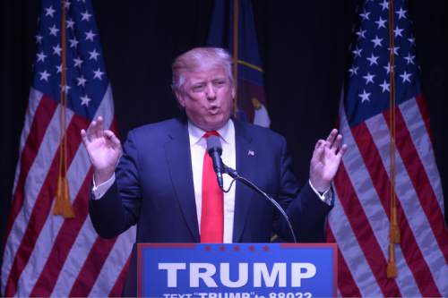 Leah Hogsten  |  The Salt Lake Tribune
Republican presidential candidate Donald Trump speaks during a campaign rally at Infinity Event Center, Friday, March 18, 2016 in Salt Lake City, Utah.