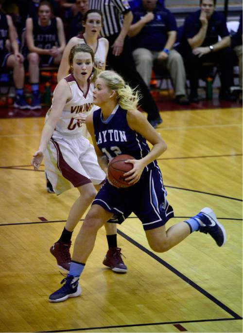 Scott Sommerdorf   |  The Salt Lake Tribune
Layton's Hailey Bassett drives during second half play. Layton rallied to beat Viewmont 47-39 in a Region 2 girls basketball game, Friday, January 15, 2016.