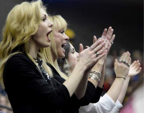 Rick Egan  |  The Salt Lake Tribune

Bountiful High Mandonelles coaches, Rachael Hawkes Rushton, Jan Whittaker and Nikole Black cheer on their team during the State Drill Team Championships at Utah Valley University, Saturday, January 6, 2016