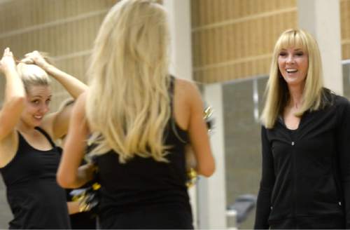 Rick Egan  |  The Salt Lake Tribune

Jan Whittaker shares a laugh as the America First Credit Union Jazz dancers, practice Thursday, March 24, 2016. Whittaker has she has been coaching the Jazz dancers for 21 seasons.