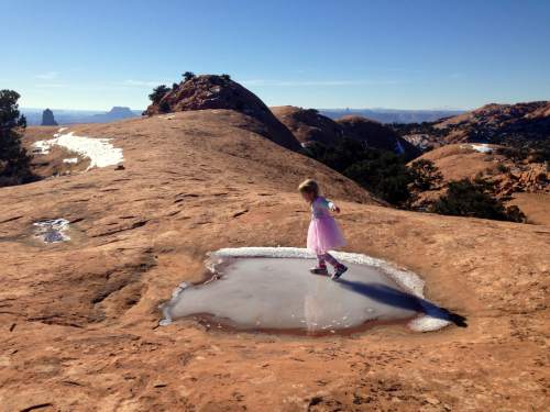 Erin Alberty  |  The Salt Lake Tribune

Not every hiker can say she ice skated on a whale in the desert. For winter visitors, frosty highlights brightly outline slickrock potholes, and some form beautiful crystalline patterns. This ephemeral ice rink formed on Whale Rock at Canyonlands National Park.