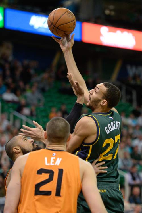 Francisco Kjolseth | The Salt Lake Tribune
Utah Jazz center Rudy Gobert (27) keeps his eye on the basket over Phoenix in NBA action, in Salt Lake City, Thursday, March 17, 2016.