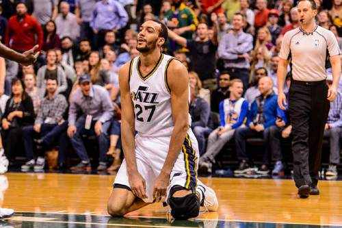 Trent Nelson  |  The Salt Lake Tribune
Utah Jazz center Rudy Gobert (27) reacts to a foul call as the Utah Jazz host the Golden State Warriors in Salt Lake City, Wednesday March 30, 2016.