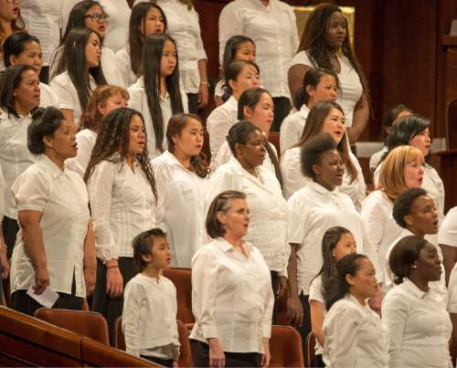 Rick Egan  |  The Salt Lake Tribune

A choir featuring members from more than 50 countries sing at the General Women's Session of the 186st Annual LDS General Conference, Saturday, March 26, 2016.