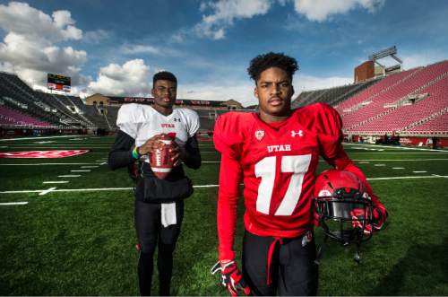 Steve Griffin  |  The Salt Lake Tribune


Utah freshman quarterback Tyler Huntley, left, and wide receiver Demari Simpkins following spring football practice at Rice-Eccles Stadium in Salt Lake City, Tuesday, March 29, 2016. Huntley and Simpkins both attended Hallandale High School in Florida.