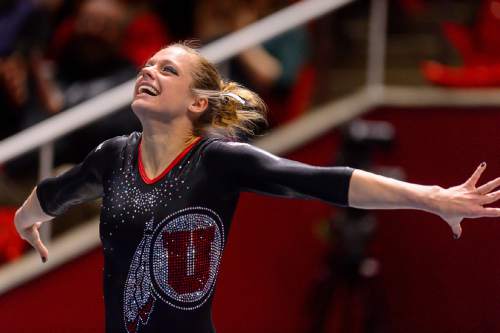 Trent Nelson  |  The Salt Lake Tribune
Utah's Breanna Hughes scores a 10 on the floor as Utah hosts George, NCAA gymnastics at the Huntsman Center in Salt Lake City, Saturday March 12, 2016.