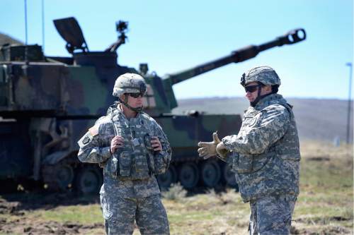 Scott Sommerdorf   |  The Salt Lake Tribune  
Utah National Guard's 65th Field Artillery Brigade, "America's Thunder," was scheduled to conduct artillery training with its two in-state Paladin battalions March 31 - April 3 at Camp Williams, Saturday, April 2, 2016.