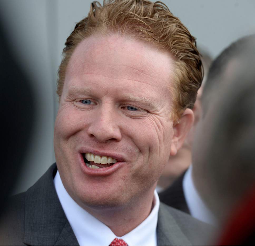 Al Hartmann  |  The Salt Lake Tribune 
Jeremy Johnson comments to media as he leaves Federal Court in Salt Lake City March 25 Friday after being found guilty of making false statements to a bank.